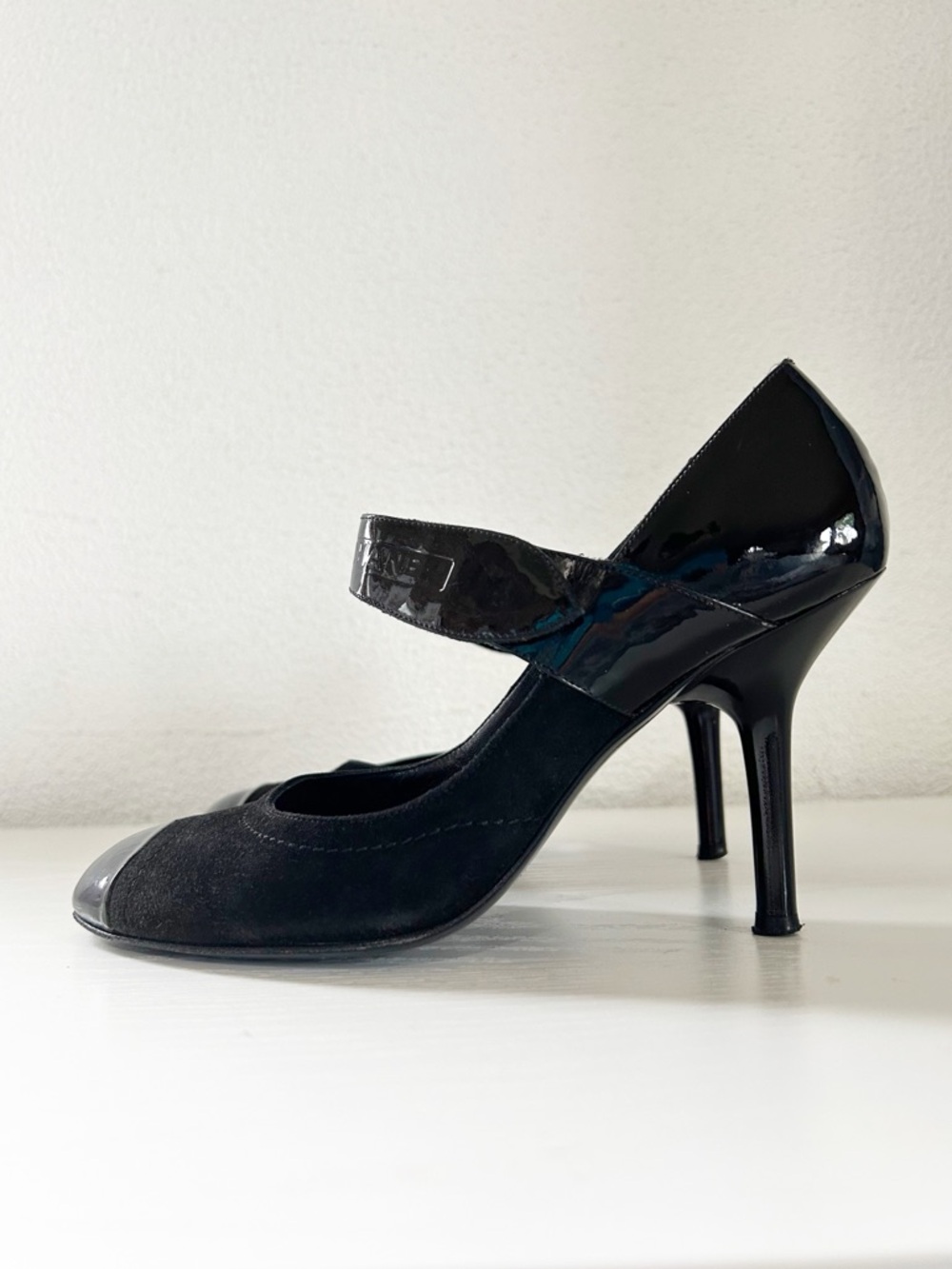 Chanel Mary Jane Heels Black Embossed Logo Patent Leather Cap Toe Size EU 36.5